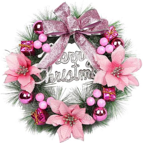 Ensemble de décorations de Noël - Couronne de verdure artificielle rose avec nœud, panneau de bienvenue à suspendre à la porte d'entrée ou à la fenêtre, décoration murale extérieure pour les fêtes (1/5)