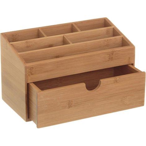 Organizer Portaoggetti Da Scrivania in Legno Bambu' con 6 Scomparti e Cassetto (1/4)