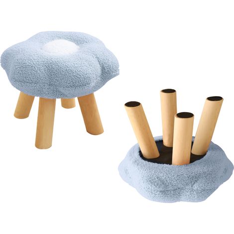 Petit repose-pieds mignon en velours doux effet tournesol, en bois résistant, idéal pour la chambre, le salon ou le canapé, bleu clair. (1/5)