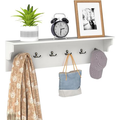 COSTWAY Porte-Manteau Mural, 80 cm, Patere Murale avec Étagère, 6 Crochets pour Chapeaux, Serviettes, Sacs, Meuble Entrée, Etagere Suspendue, pour Entrée, Salon, Chambre, Salle de Bain, Blanc (1/5)