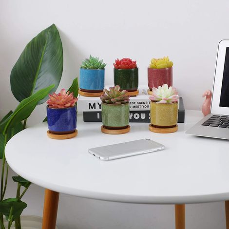 6cm Pots de Plantes en Céramique Zisha avec Plateau en Bambou - Paquet de 6, Pot pour Succulent Cactus Fleurs Récipient Jardinière (1/5)