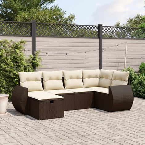Salon de jardin 6 places en résine tressée marron avec 6 coussins crème et repose-pieds, modules modulables avec rangement intégré. (1/4)