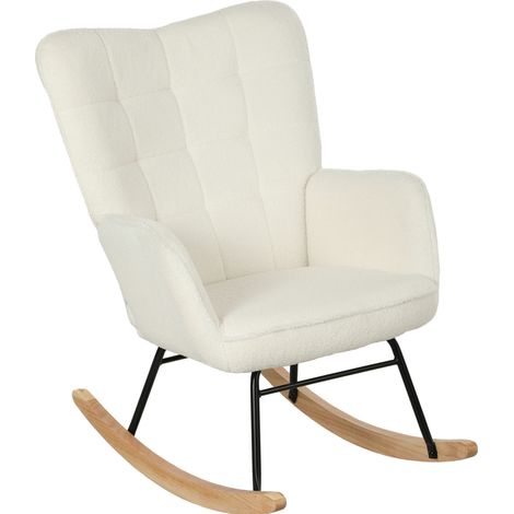 Sillón mecedora tapizado blanco con reposabrazos y base de madera, 120 kg (1/5)