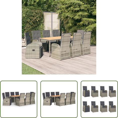 Gartenessgruppe - 9-tlg. Garten-Essgruppe mit Kissen Grau Poly Rattan (1/5)
