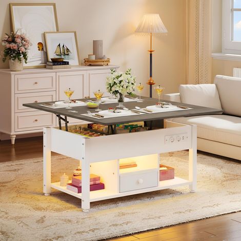 Table Basse à LED RGB Contrôle par APP avec Plateau Relevable, Table Basse Multifonctionnelle 4 en 1 pour Salon, Bureau avec Etagère de Rangement Compartiment Caché, Blanc et Gris (1/5)