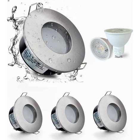 Set de 4 Spots Encastrés LED IP65 étanches, 5W 3000K Blanc Chaud Spot Encastré Pour salle de bain et cuisine éclairage Encastrable au Plafond coupe 68mm Nickel Satiné -Boîtier de lampe argenté (1/5)