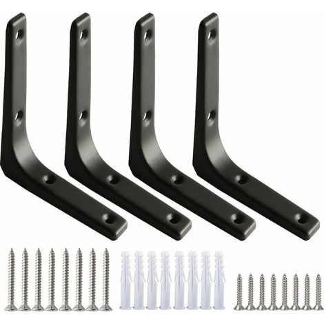 SHINING HOUSE 4 soportes para estantes de pared negros, soportes de fijación resistentes para estantes, soportes de fijación en forma de L de 100 x 100 mm, 7,5 mm de grosor, con tornillos para colgar (1/5)