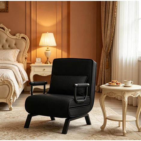 Poltrona letto 3 in 1 nera in lino e metallo, schienale regolabile 5 posizioni, 65 x 78 x 75 cm (1/5)