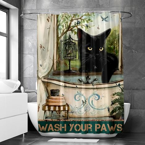 Rideau de douche motif chat et chien rétro baignoire décorative, tissu salle de bain imperméable, 90x180 cm (1/5)