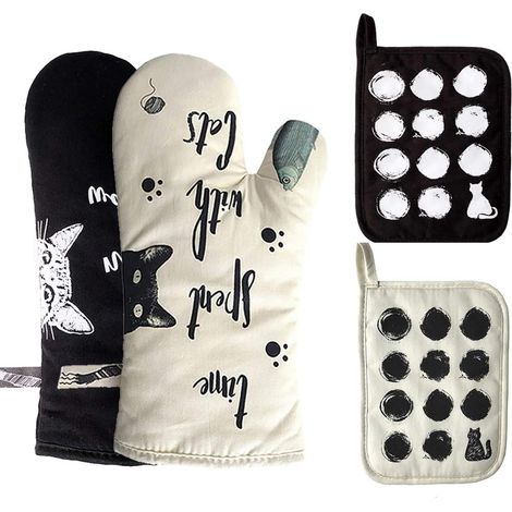 Guantes de cocina de algodón + 2 agarraderas, resistentes al calor, con diseño de gato, juego de 4 piezas, para hornear y cocinar.
