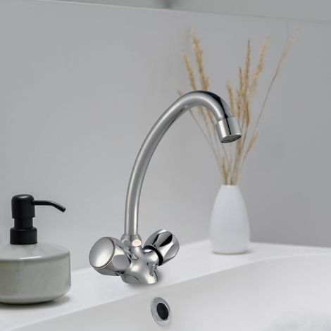 Robinet lavabo chromé à bec mobile – Poignées métal, hauteur 242 mm – Saillie 155 mm, style classique