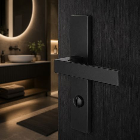 Ouvre&Déco - 2 poignées de porte LOFT en métal noir mat – Entraxe 165 mm – Condamnation WC / salle de bains – Style moderne (1/5)