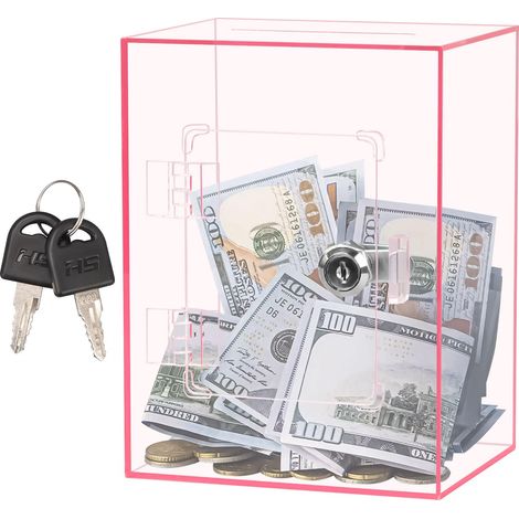 Tirelire en Acrylique Transparent,Tirlire en Acrylique Ouvrable avec Serrure et Clé,Réutilisable Boîte à Dons Verrouillable pour économie,Votes, Dons,Avis pour Adultes,Enfants,15x12x20cm (Rose) (1/5)