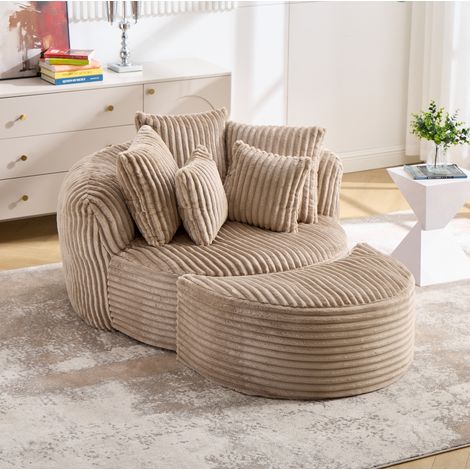 Sillón redondo con reposapiés, sin patas, 168x123x63 cm, chenilla camel y marrón (1/5)