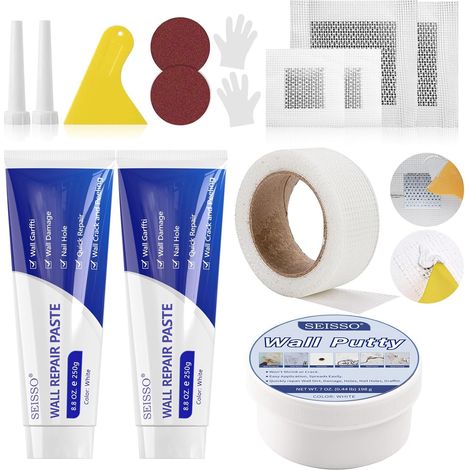 700 g weiße Füllmasse für den Innenbereich – 2 x 250 g Wandreparaturcreme, 1 x Spachtel, 1 x selbstklebendes Klebeband, 4 x Flicken für Wandrisse, Kratzer, Graffiti und Abplatzungen