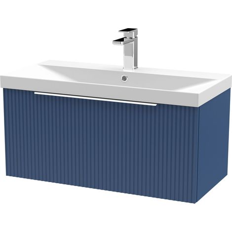 Tixall Fluted 1 Drawer Wall Hung Vanity Unit with Thin Edge Basin, Satin Blue, 800mm (1/4)