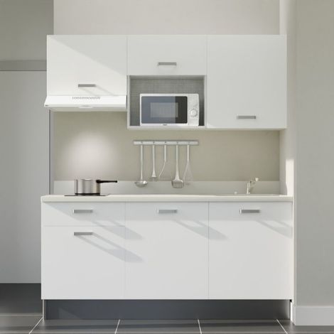 Kitchenette K30L - 180 cm - plan monobloc évier intégré Snova- évier à droite - Façades Blanc + Electroménager inclus coloris Blanc