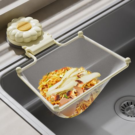 Colador de fregadero plegable blanco con ventosa y bolsas de malla - Filtro y secador multifuncional para residuos de alimentos, verduras y frutas. (1/3)