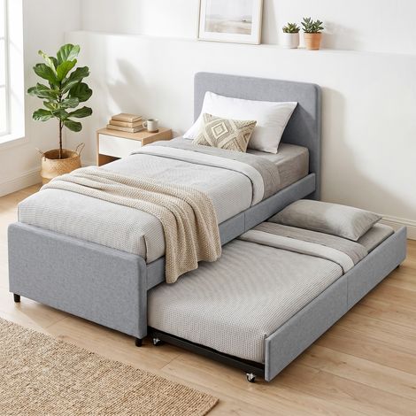 Lit gigogne 90x190, châlit simple ou double avec lattes bois, tête et pied capitonnés, gris clair, 2 couchages (1/5)