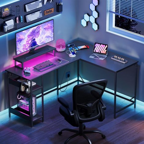 2-in-1 Gaming-Eckschreibtisch, umwandelbar als L-Form 152×118 cm oder I-Form 220×50 cm, mit RGB-Beleuchtung, Monitorhalter und Ablagefach, ideal für Homeoffice, Schwarz (1/5)