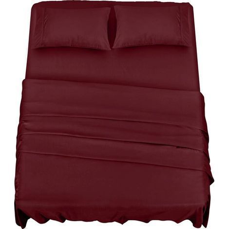 pair Polyester Microfibre Parure de lit (4 pièces, Bordeaux) - 1 Drap Housse 150x200cm, 1 Drap Plat 266x259cm et 2 Taies d'oreiller 50x75cm (1/5)