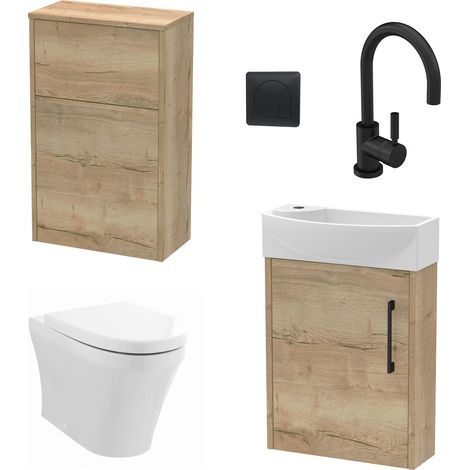 Winshill Cloakroom Bundle - Right Wall Hung Vanity Unit, Concealed Cistern WC Unit, Toilet & Tap, 440mm - Oak/Black - Balterley (1/5)