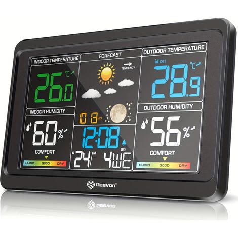 Station Météo Sans Fil – Écran LCD 19,3 cm, 1 Sonde Extérieure. Port USB, Rétroéclairage Réglable. Modèle (Noir). (1/5)