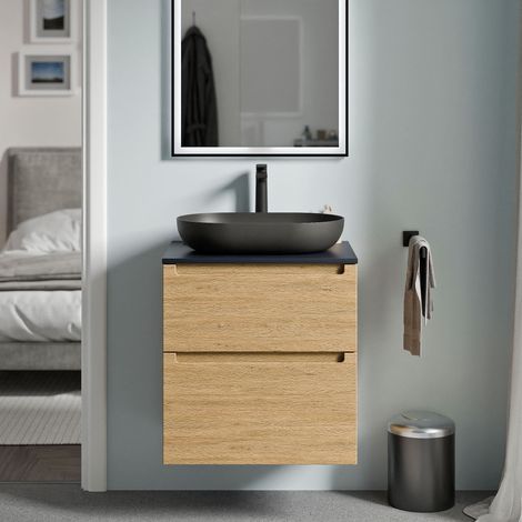 BERNSTEIN - Mobile lavabo sospeso MDF rovere miele, piano lavabo blu notte opaco, cassetti girevoli - 60x46x62cm - VIREO	Rovere Miele Oro, Blu notte opaco
