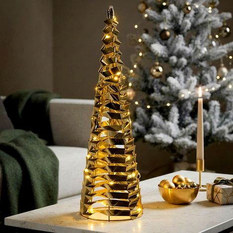 LED Lichtkegel gold mit 3D Effekt batteriebetrieben mit Timer - 40 cm - Pyramide aus Metall mit Goldband umwickelt