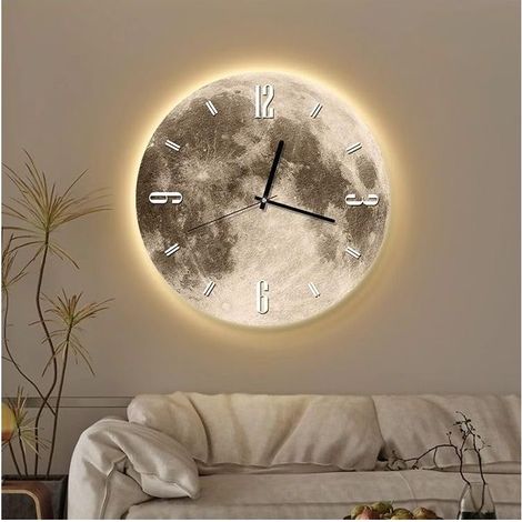 Horloge murale Lune, horloge lumineuse silencieuse de 30 cm avec veilleuse LED, motif lune ronde sans tic-tac, décoration pour salon, salle de bain, chambre, cuisine, bureau