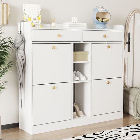 Meuble chaussures blanc 110 x 26 x 100 cm avec 4 portes battantes, 2 tiroirs et 3 niches (1/5)