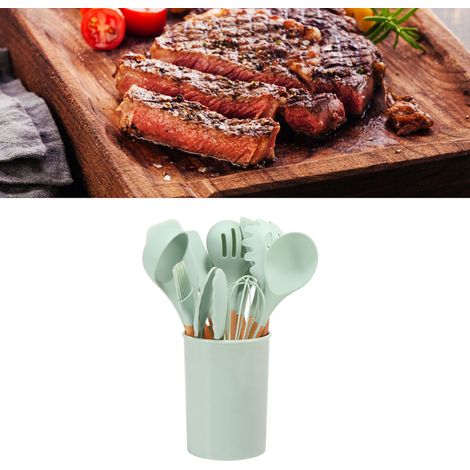 Aufbewahrungseimer mit Silikon-Küchenutensilien mit Holzgriffen, antihaftbeschichteten Pfannen, Pfannenwendern und Löffeln, 11-teiliges Set + großer hellgrüner Eimer (1/5)