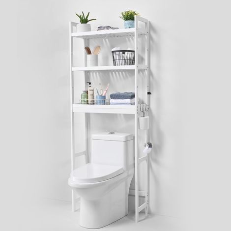 VEVOR Scaffale per WC, Mobile Portaoggetti Regolabile a 3 Ripiani sopra il WC, Mensola per Bagno con 3 Ganci, Organizzatore per Lavanderia, Si Adatta alla Maggior Parte dei WC, Bianco (1/4)