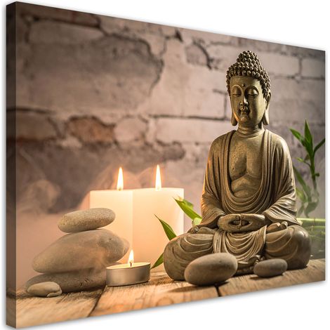 Tabelau sur Toile, Bouddha en méditation pierres zen spa,30x20 (1/4)