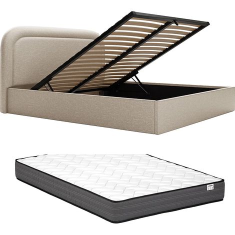 Lit coffre 140 x 190 cm - Tissu chiné - Beige + Matelas - FIREZA (1/5)