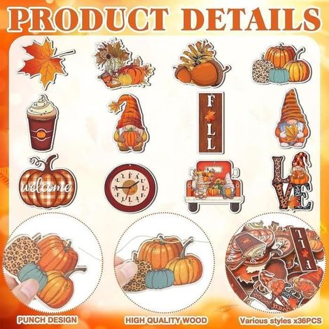 (mehrfarbig) 24 herbstliche Holzdekorationen, 12 Aufhängevarianten, Herbstdeko, Gartenzwerg, Ahornblatt, Tannenzapfen mit (1/4)