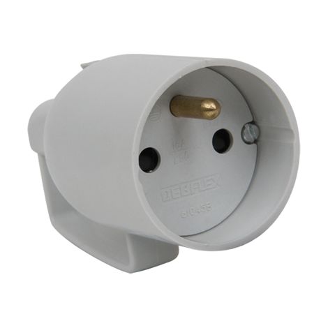 DEBFLEX - FICHE FEMELLE AVEC ANNEAU 2P+T 16A DROITE A COIFFE GRIS - 713550