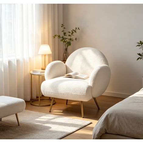 Fauteuil d'appoint sherpa blanc - Fauteuil salon moderne - Fauteuil confortable tissu bouclé - Pieds métalliques dorés - Fauteuil déco pour chambre balcon salon (1/5)