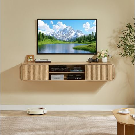 Mueble TV de pared 160 cm con compartimentos abiertos, pasacables integrado y bordes redondeados, estructura de MDF - natural (1/5)