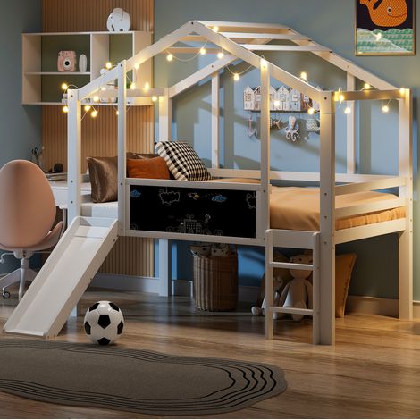 Cama alta infantil 204x159x174.5 cm con rampa, pizarra, escalera, madera maciza blanca (1/5)