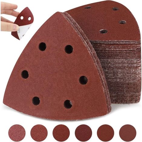 Triangoli abrasivi Delta, 120 pezzi di carta vetrata triangolare a 6 fori, carta vetrata triangolare 93x93x93 mm (20 x grana 40/60/80/120/180/240 ciascuna), fogli abrasivi per levigatrici Delta (1/5)