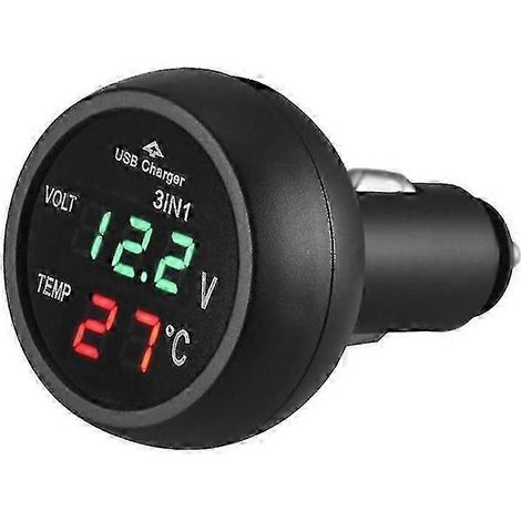Voltmètre numérique LED 3 en 1 pour voiture 12/24 V avec thermomètre et chargeur USB (1/5)