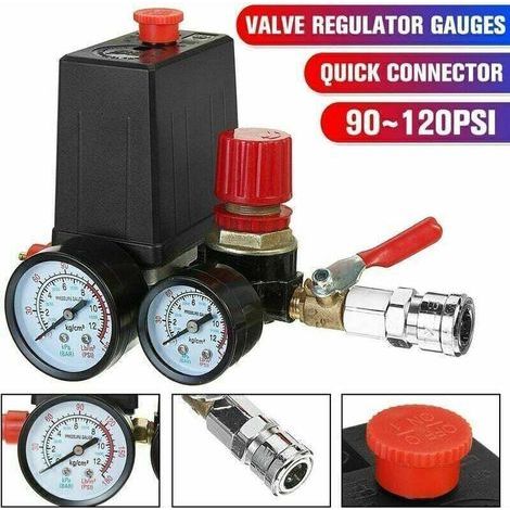Válvula de control de interruptor de presión para compresor de aire, manómetro regulador de colector, 90-120 PSI (1/4)