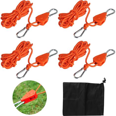 4 Pièces Corde à cliquet, 4m Sangle réglable, Crochet sécurité, Tissu réfléchissant, Camping Tente Auvent (1/5)