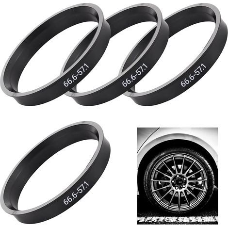 4 Pièces Bagues de Centrage 66.6 à 57.1mm, Universels Anneaux de Centrage Jante Auto en Plastique, Compatible avec VW, Mercedes Benz, Audi, Accessoire pour Jantes, Réduction des Vibrations, Noir (1/5)