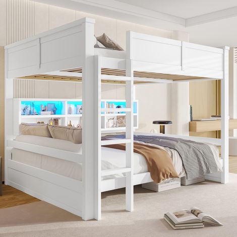 REDOM - Letto a castello 160x200 cm con 6 vani contenitore e luce LED in pino e MDF bianco (Senza materasso) (1/5)