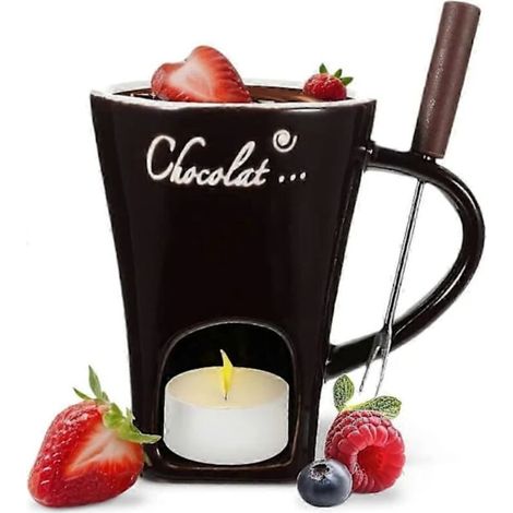 Tasses à fondue au chocolat, tasses à café, tasses à fondre le chocolat avec fourchettes, chauffe-fondue, coupelles à bonbons, couleur café...