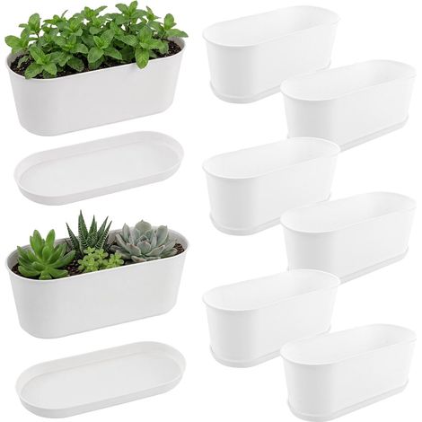 Lot de 8 Jardinière Rectangulaire 22.8x9x8.2cm avec Soucoupe, Pot de Fleur Rectangulaire en Plastique Blanc, Jardinière Balcon pour Plantes Succulentes (1/5)