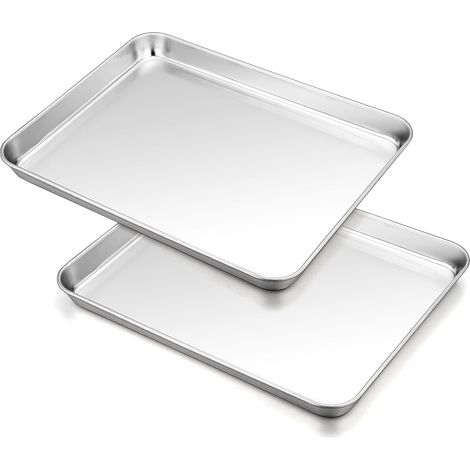 Plato rectangular de acero inoxidable (juego de 2), 26,5 x 20,5 x 2,5 cm, ideal para cocinar y servir. Higiénico y fácil de limpiar, apto para lavavajillas. (1/5)