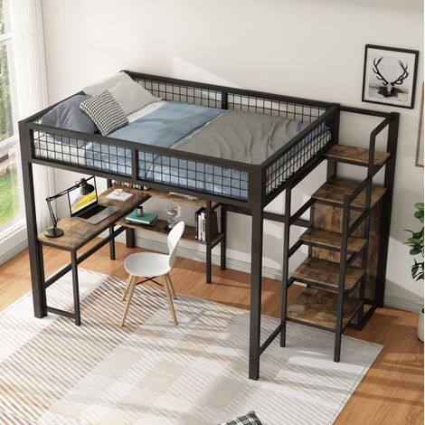 Cama alta moderna 140x200 cm, metal y MDF, negro/marrón, con escritorio, estantes, armario y somier de láminas (1/5)